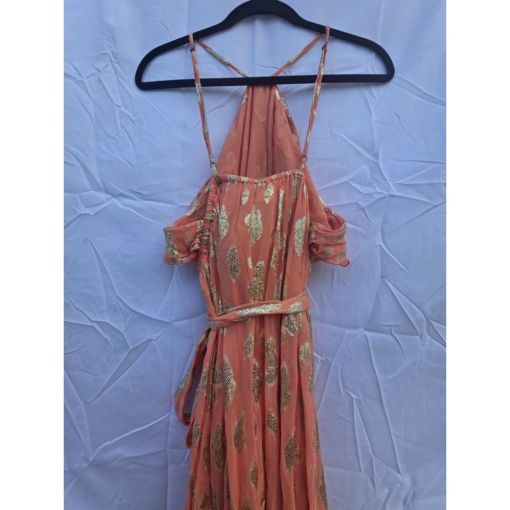 Sundress Orange Gold Metallic Fil Coupe Ruffle Halter Maxi Dress Size Large NWT - Picture 6 of 11